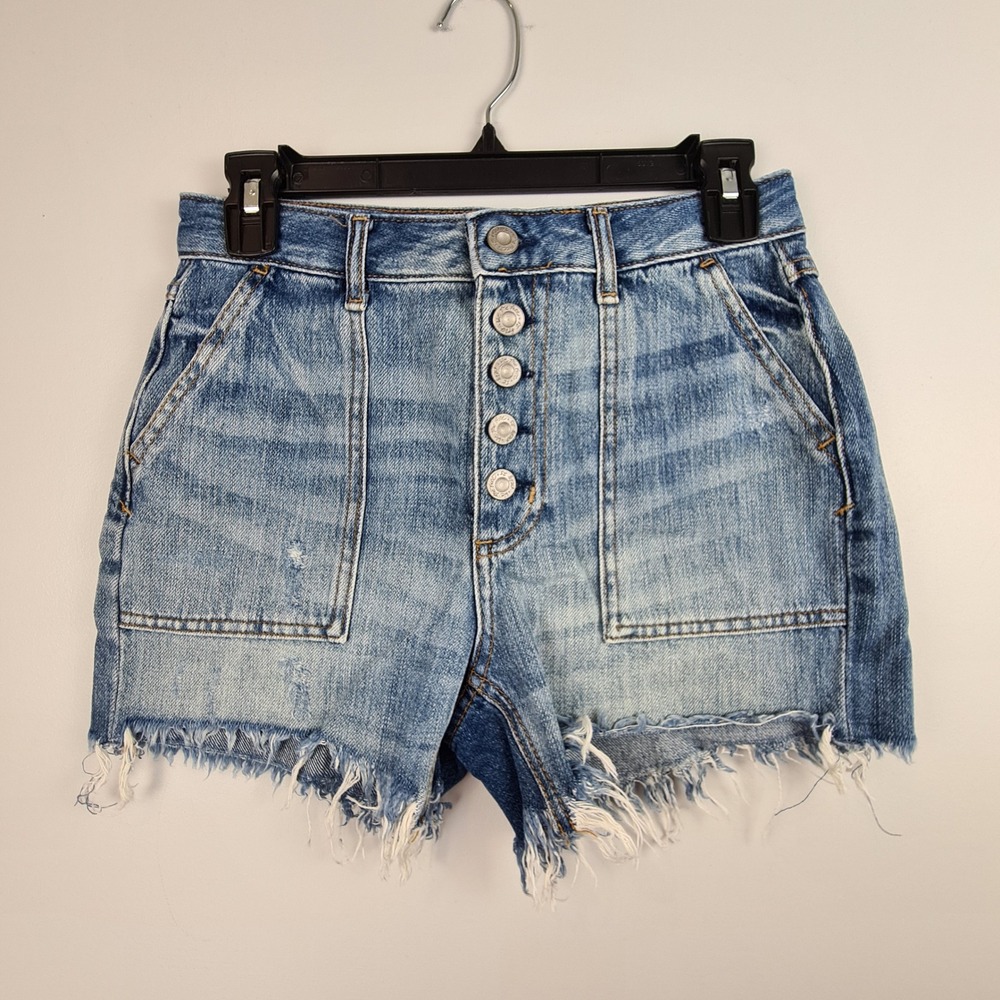 We‎ The Free Free People High Rise Button Fly Denim Shorts Blue Cinch Back 25